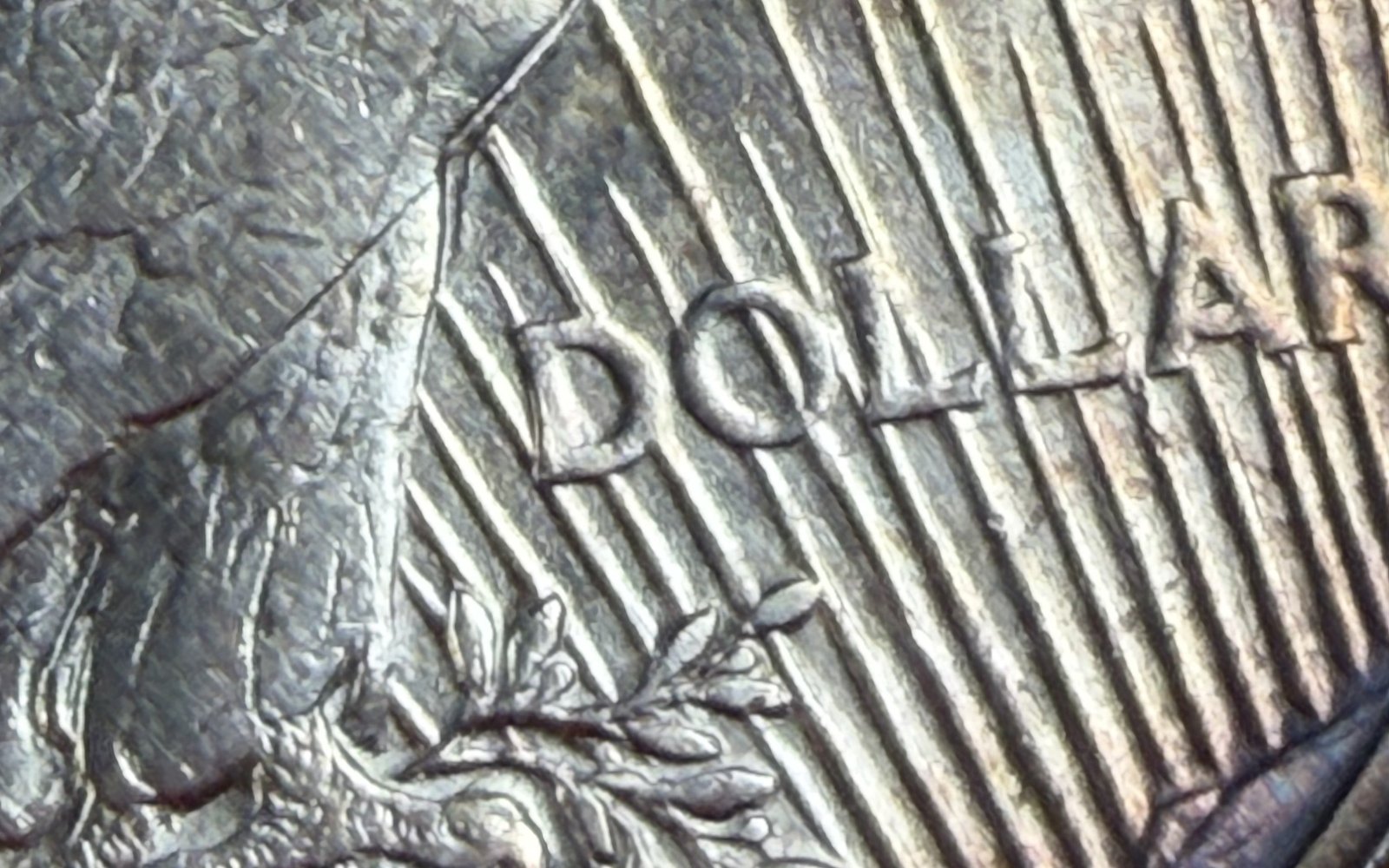 Close-up of the reverse of a 1921 Peace dollar with gold, blue and violet toning across the rays