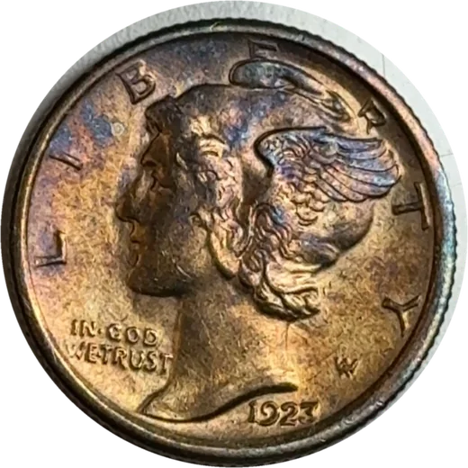 Mercury dime with gold and blue toning