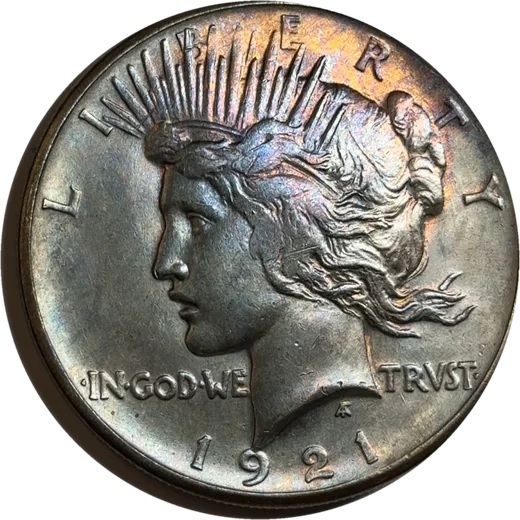 1921 Peace dollar, high relief, toned