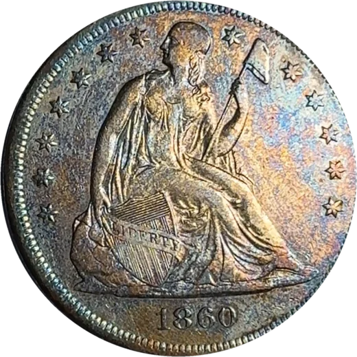 1860-O Seated Liberty dollar, rainbow toned