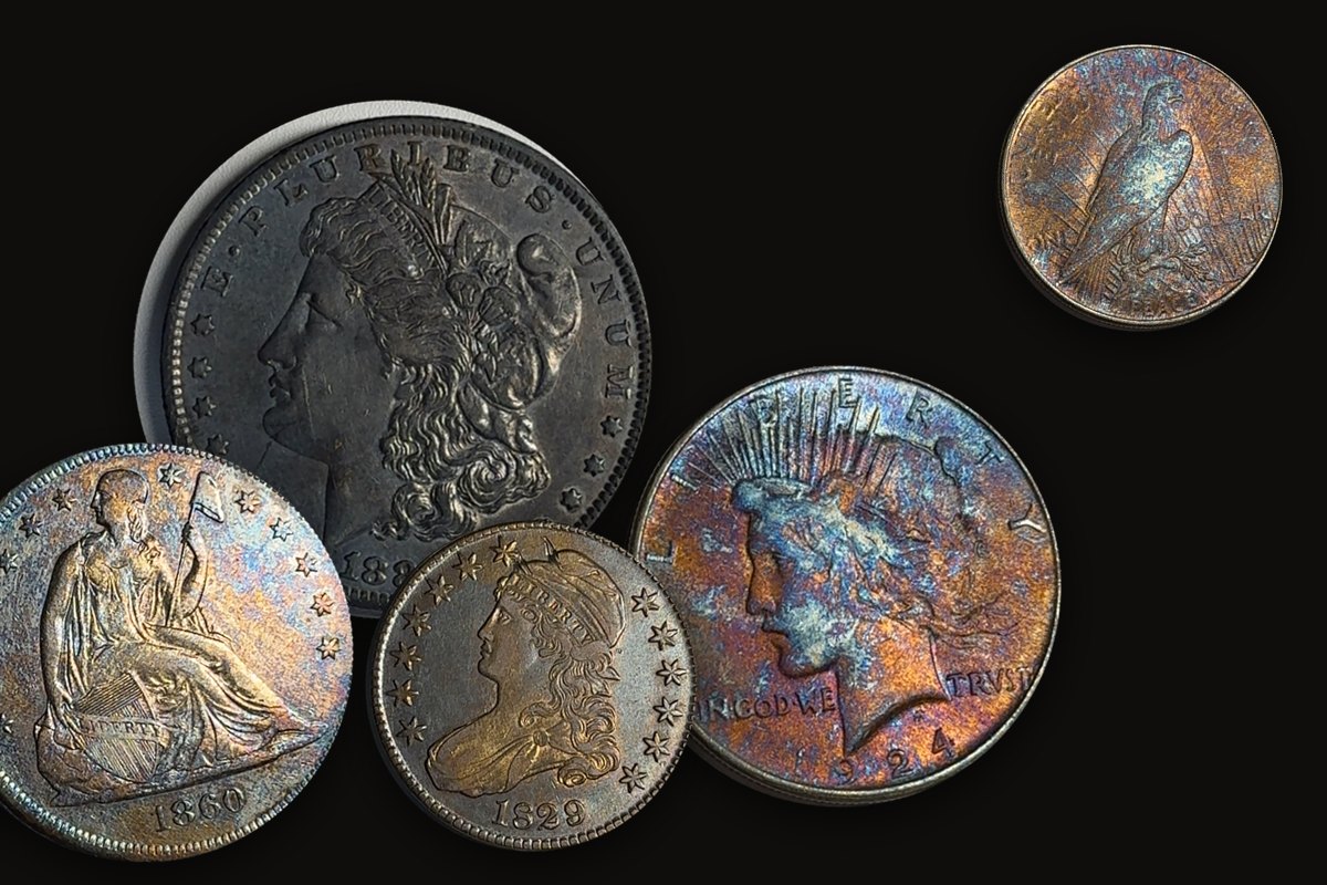 Morgan, Peace, Seated Liberty and Capped Bust silver coins on black velvet