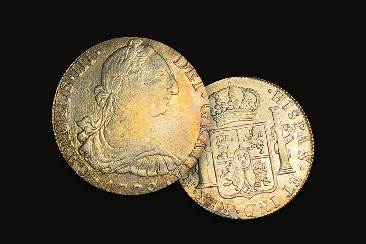 Obverse and reverse of a 1779 Mexico City 8 reales with gold toning
